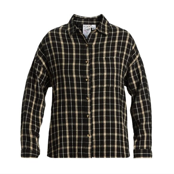 ROXY X Chloe Kim Oversized Button up Flannel SHIRT Size M Black Plaid NEW $79 - Picture 5 of 11